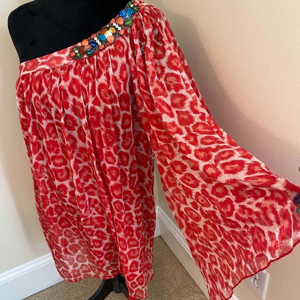 Beautiful "Single" Leopard Print Silk Dress/tunic Red/Beige Cold Shoulder Large